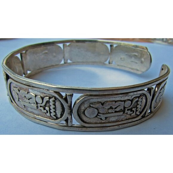 Sterling Silver Egyptian Cartouche Hieroglyphics Cuff Bracelet Revival 925 - Picture 2 of 3